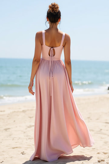Candy Pink A Line V-Neck Chiffon Long Boho Bridesmaid Dress